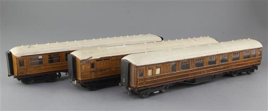 A set of three scratchbuilt LNER corridor coaches, teak stock, nos. 1527, 5471 and 13008